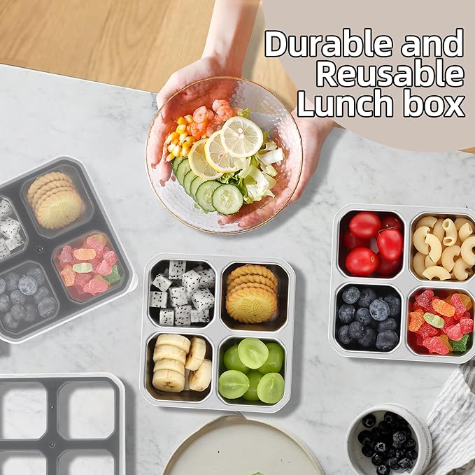 BEFOY 4-Pack Stainless Steel Snack Containers – 4 Compartment Leak-Proof Bento Box for Meal Prep, School, Picnic & Travel – Nestable & Reusable for Kids & Adults (grey, 2)