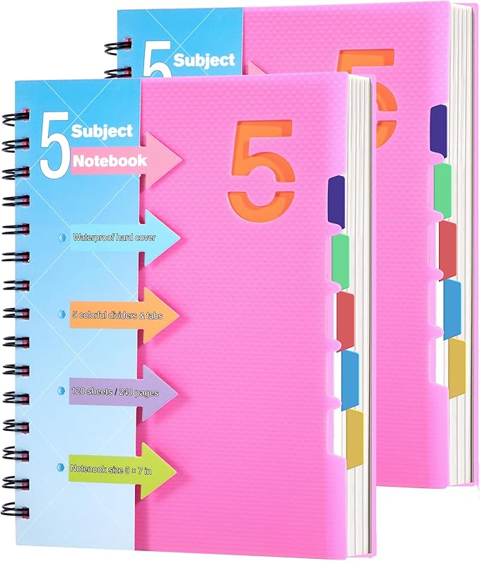 CAGIE 5 Subject Notebook 2 Pack, A5 Small Spiral Notebook with Removable Pocket Dividers Tabs, 240 Pages Spiral Note Book College Ruled for School Work Note taking, Pink