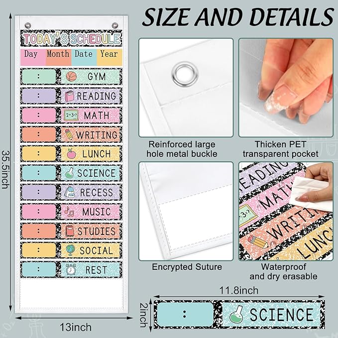 JarThenaAMCS Pastel Composition Daily Schedule Pocket Chart 13 x 35.5 in Back to School 13 + 1 Pocket Visual Schedule Chart Board with 24 Card for Classroom Home Office Supplies
