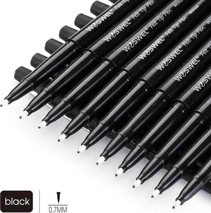 WOSWEL Black Felt Tip Pens, 32 Black 0.7mm Medium Point Felt Tip Markers Pen for Journaling, Note Taking, Planner, Writing,Drawing.Perfect for Art Office and School Supplies (Pack of 2)