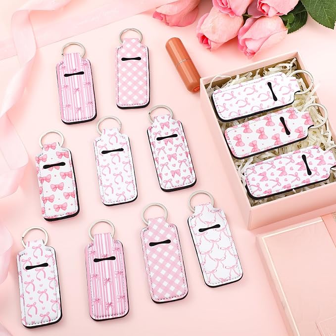 12 Pcs Pink Bow Lipstick Holder Keychain Bulk Cute Pocket Lip Balm Holder Keychain Backpack Purse Accessories for Women Lip Gloss Sleeve Pouch, 6 Style