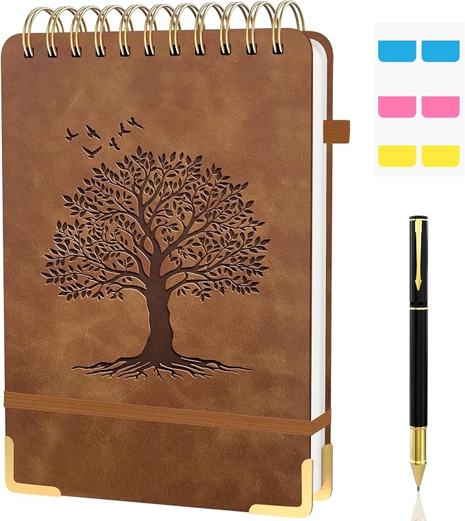 A5 Top Spiral Notebook, Tree Pattern Large Leather Hardcover Left Handed Journal, 240 Pages 100 Gsm Lined Paper Top Bound Steno Pads for Work, School, Travel Writing - Brown, 5.9" x 8.5"