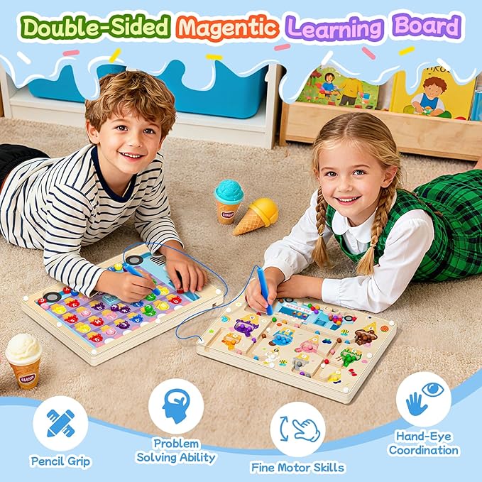 2 in 1 Magnetic Color and Number Maze Double-Sided ABC Alphabet Puzzles Board Magnet Dinosaur Counting Maze Preschool Learning Montessori Education 3 4 5 Years Toys (Ice Cream, One Size)