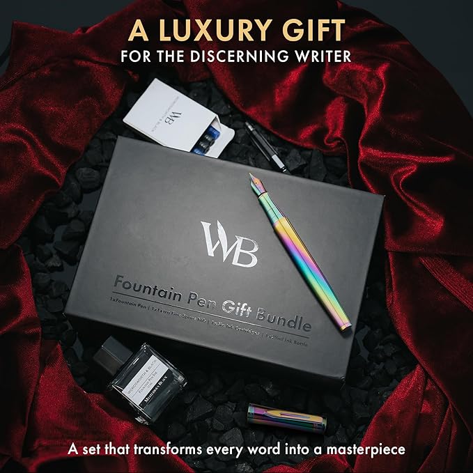 Wordsworth & Black Fountain Pen Set, 18K Gilded Medium and Extra Fine Nib, 25ML Black Ink Bottle, 6 Ink Cartridges,Refill Converter, Gift Box,Smooth Writing Pens [Rainbow],Gift Set for Men and Women