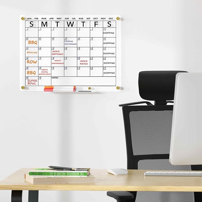 Neatsure Acrylic Dry Erase Calendar Whiteboard for Wall, 16"x12" Clear Monthly Planner White Board, w/ 4 Colors Markers