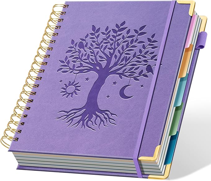 Ovesmusl Hardcover Spiral Notebook 8" x 10" with 5 Removable Dividers 300 Pages Leather 5 Subject Notebook College Ruled 100GSM Large Spiral Notebooks for Work Thick Lined Journal for Women, Purple