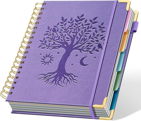 Ovesmusl Hardcover Spiral Notebook 8" x 10" with 5 Removable Dividers 300 Pages Leather 5 Subject Notebook College Ruled 100GSM Large Spiral Notebooks for Work Thick Lined Journal for Women, Purple