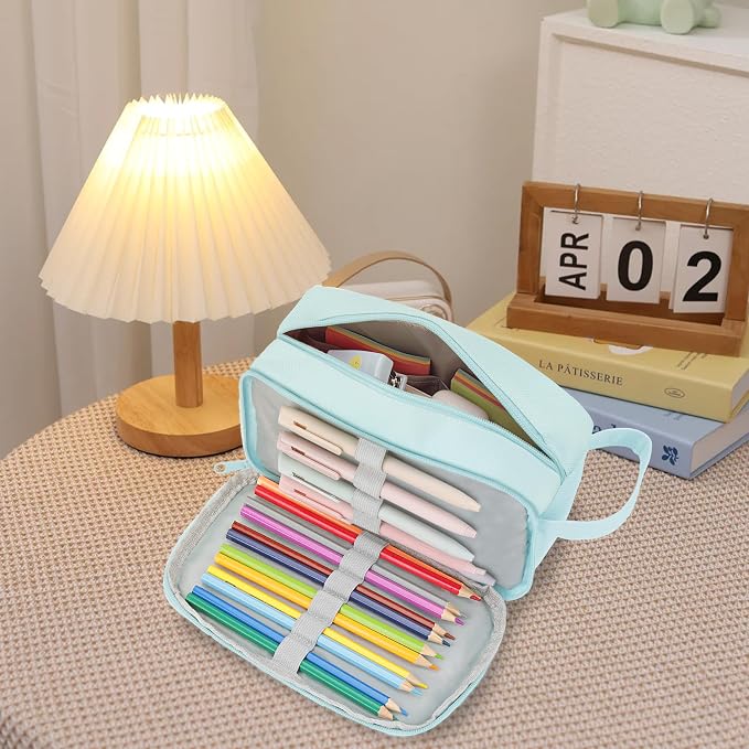 Yeplan Mint Green Pencil Case with Handle,Large Capacity Pencil Pouch | 3 Compartments Pencil Bag,Cute Pencil Case with Zipper,Stationery Storage for Teen and Adult,Pencil Case For Girls