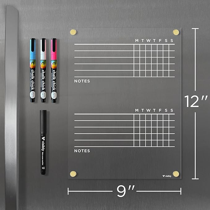 Magnetic Acrylic Chore Chart for Fridge 9” x 12”, Clear Wet Erase Refrigerator Task Board, Minimalist Routine Planning Board, Includes 4 Magnetic Markers, Silver Corner Magnets