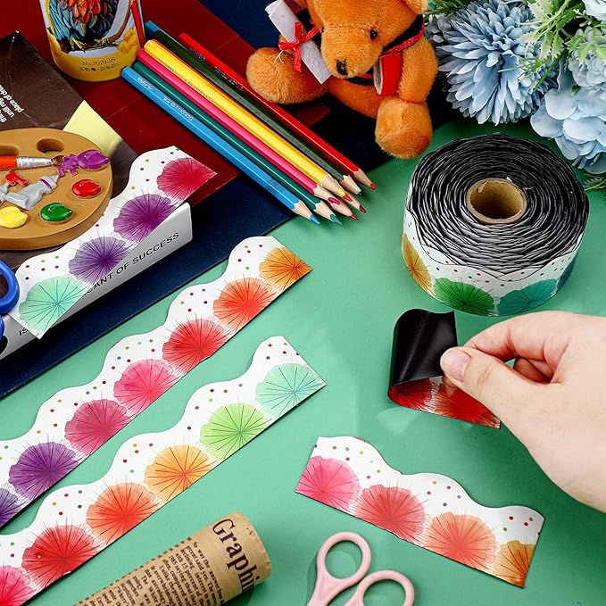 Fuyoooo 49 ft Colorful Poms Scalloped Magnetic Borders for Classroom, Cut Border Trim, Magnetic Bulletin Board Borders for Walls Desks Windows Doors, Lockers Schools Classrooms Homeschool Offices