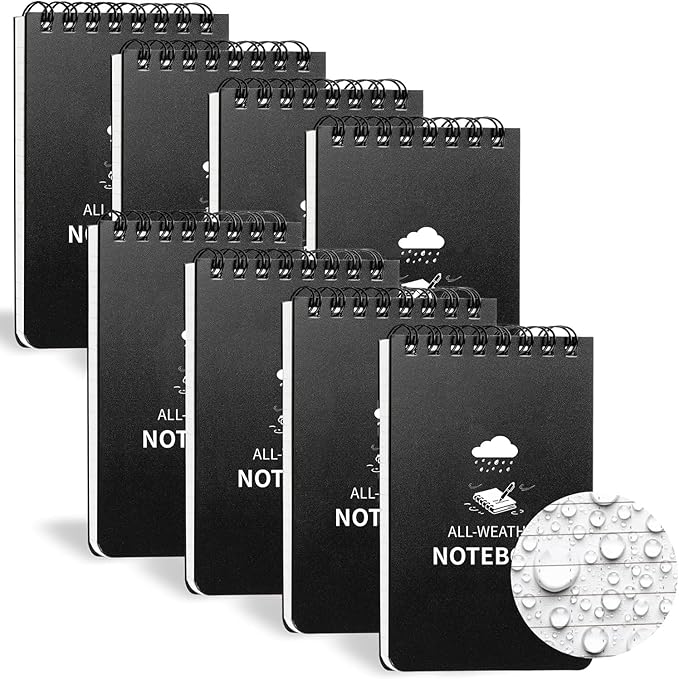 Waterproof Notebook, 8 Pack Pocket Notepad, 3" x 5" Top-Spiral Weatherproof NotePad, All Weather Police Pocket Notebook Mini Memo Steno Note Pads for Outdoor Office School Recording, Black