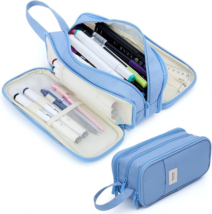 Pencil Case Pouch, Large Capacity Pencil Box Bag, Aesthetic Pen Organizer for School Supplies, Cute Preppy Stuff for Girls Boys Kids, Back to College Stationery, Dusty Blue