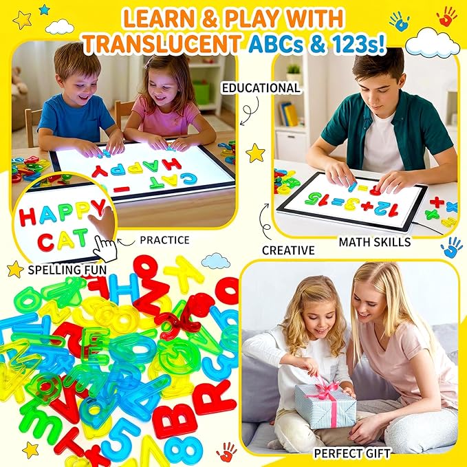 Bbiamsleep 134 Pcs Multi-Color Plastic Letters and Numbers Transparent Letters and Numbers Plastic Alphabet Letters Light Table Manipulatives for Counting and Spelling, Ages 3+