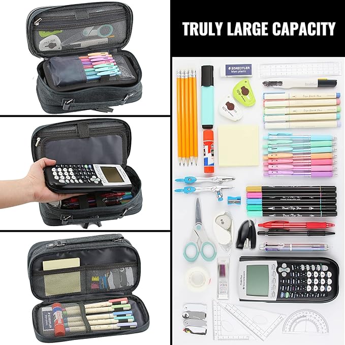 JOINPRO Large Capacity Pencil Case, 4 Compartment Pen Pouch Organizer with Double Zipper, Storage Bag for School, Office, Teen Girl Boy Men Women