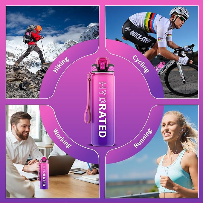 QLUR Water Bottle with Straw, 32oz Motivational Water Bottles with Time Marker to Drink, Tritan BPA Free, 1L Sports Water Bottle with Carry Strap LeakProof for Women Gym Fitness Outdoor (1 Pack)