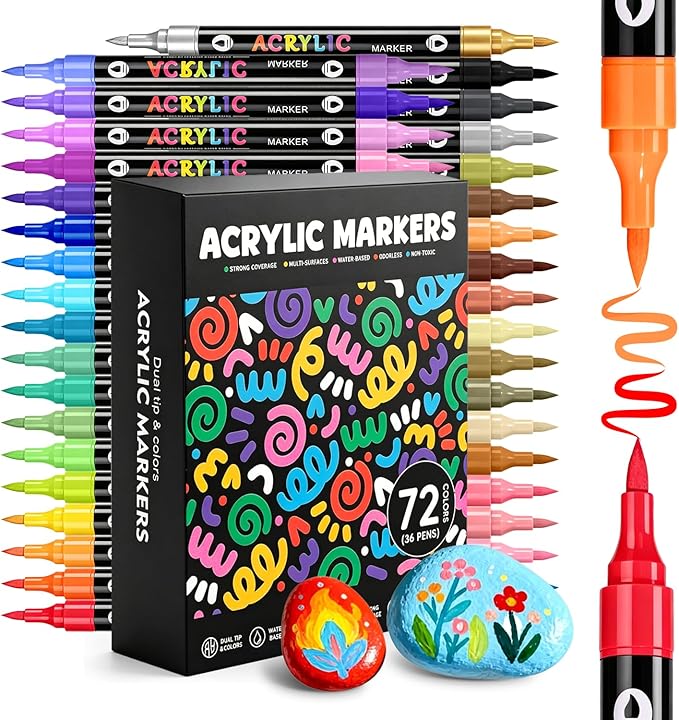 WINSONS 72 Colors Acrylic Paint Marker, Dual Tip and Dual Colors Acrylic Paint Pens for Stone, Wood, Canvas, Ceramic, Metal, Glass, Rock Painting, DIY Crafs Art Supplies (72 Colors)