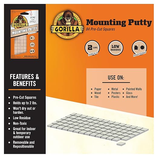 Gorilla Mounting Putty, Natural Tan Color, 84 Pre-Cut Squares (Pack of 8) - Non-Toxic Removable & Repositionable Wall Putty