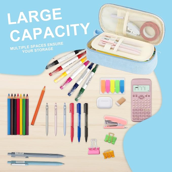 Zzrywuty Aesthetic Pencil Case, Large Capacity Soft Corduroy Pouch with Handle, Wide Opening Blue Cute Stationery Bag & Organizer for School Office, Teens Adults