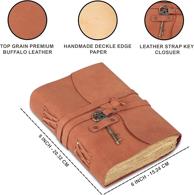 Leather Journal with Deckle Edge Paper 8x6 inch and Vintage Key | Handmade Writing Notebook Diary | Bound Daily Notepad for Men & Women Medium, Sketch/Writing pad for Artists