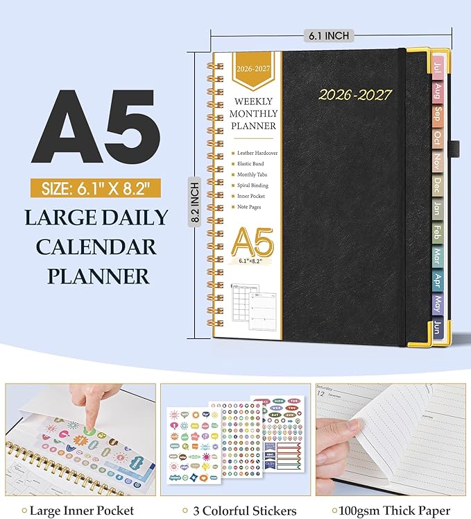 Academic Planner 2026-2027, Hardcover Leather Weekly and Monthly Calendar Planner from July 2026 - June 2027, A5 6.1" x 8.2" Daily Agenda with Tabs, College School Organizer for Student Teacher, Black