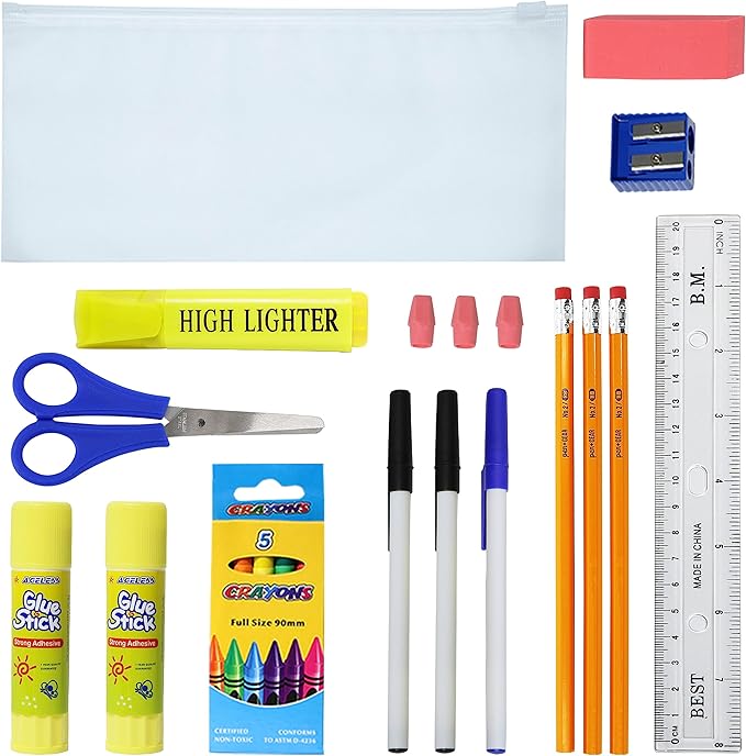 Moda West 22 Piece Bulk School Supplies Kits, Value Pack of 48 Kits - Essential Box of School Supplies Kit with Pens, Pencils, Crayons, and More for Elementary, Middle, and High School Students