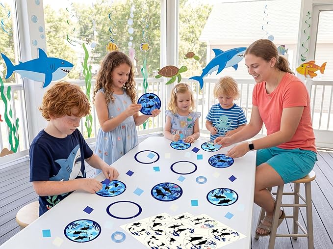 48PCS Summer Crafts: Paper Shark Suncatchers DIY Kits, Window Stained Glass Effect Art Supplies