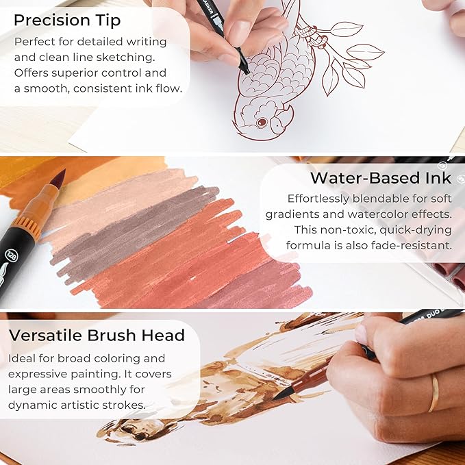 ZSCM Brown Duo Tip Marker Pens, 12 Pack Fine & Brush Markers for Adult Coloring Books No Bleeding, Earth Brown Markers for Wood Texture, Animal Fur, Vintage Effects and Antique Coloring