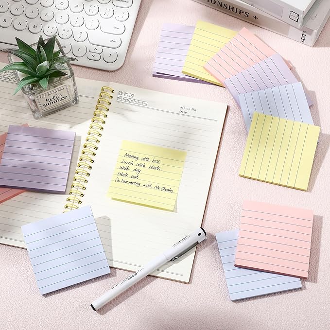 AmazingSpark 12 Pack Pastel Lined Sticky Notes 3x3 Inch Post Ruled Stickies Super Self Stick Power Memo Pads Multi Colors Notes Pads Vintage Aesthetic School Office Supplies Accessories