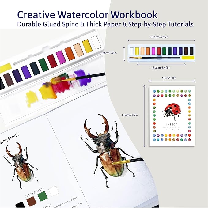 CraftyManor Watercolor Workbook Creative Insect Water color Paint Book Set with Paints & Brush, 12 Patterns of Original DIY Designs, Beginner-Friendly Adult Coloring Books (Insect)