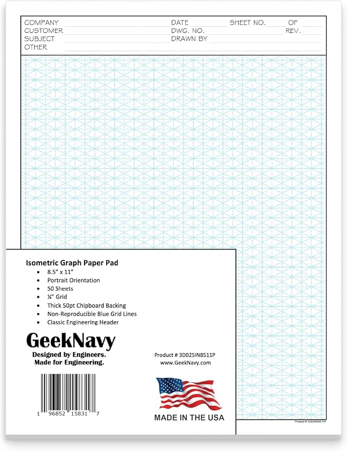 GeekNavy 8.5" x 11" Isometric Graph Paper 50 Sheets Portrait - 0.25" Grid, Non-photo Blue, High Brightness, Drafting, Engineering, Art, 3D Design (1-Pack)