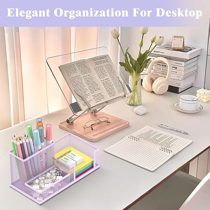 SUPEASY Mesh Pen Holder Desk Organizer, Office Supplies Pencil Storage with 3 Compartments, Office Desk Accessories and Workspace Organizers for Home School Classroom, Purple