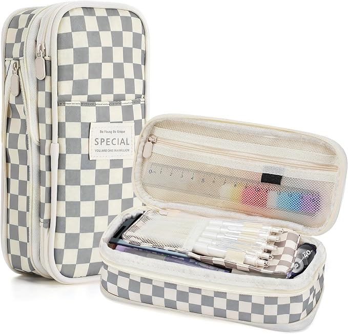 Bigmeta Gingham Expandable Pencil Case for Teens Girls - Light Gray | Zipper Gusset for Adjustable Capacity, Checkered Cute Pencil Pouch, Stationery Bag Box for Student Back to School Gifts