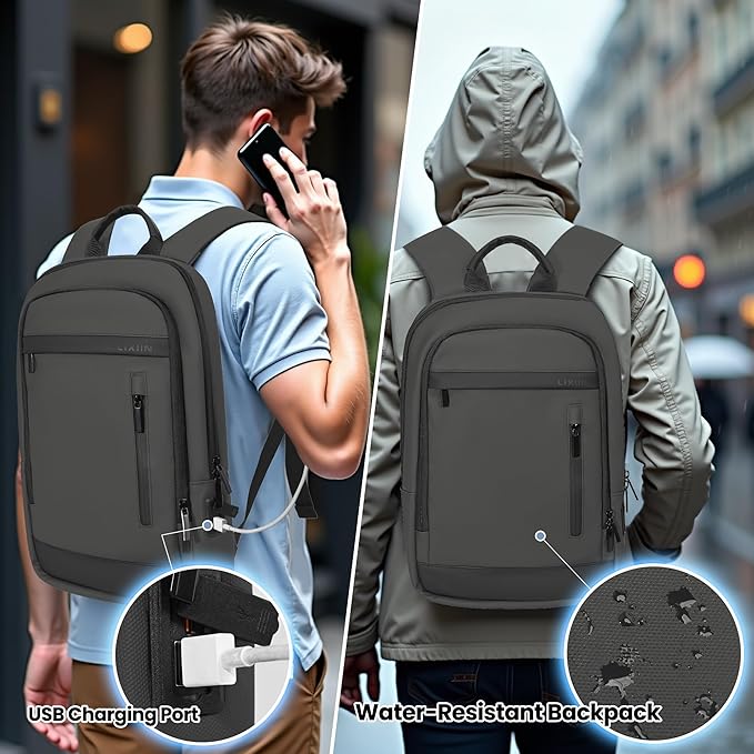 Business Backpack for Men Lightweight Commute Laptop Backpack Anti-Theft Water Resistant Backpack for 17.3 Inch Computer for Daily Office Work with Small Bag (Grey, 17.3")