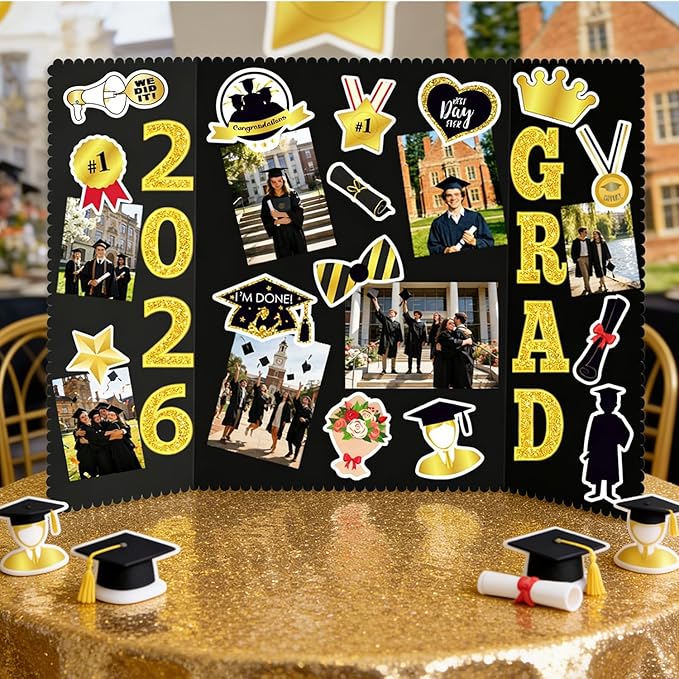 Graduation Photo Display Board - 4 Set Trifold Poster Board for Graduation Party, Folding Picture Presentation Frame for Multiple Pictures Table Decor (24x16 Inches)