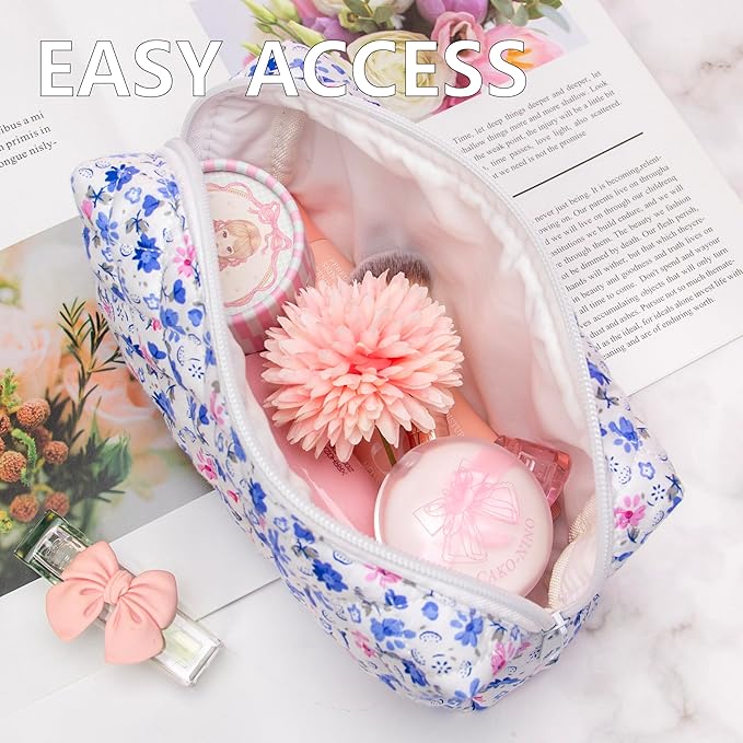 PAZIMIIK 6PCS Vintage Quilted Makeup Bag SET Cosmetic Pouch for Brushes Pencils and Travel Make Up Accessories for Women and Girls Flower Blue