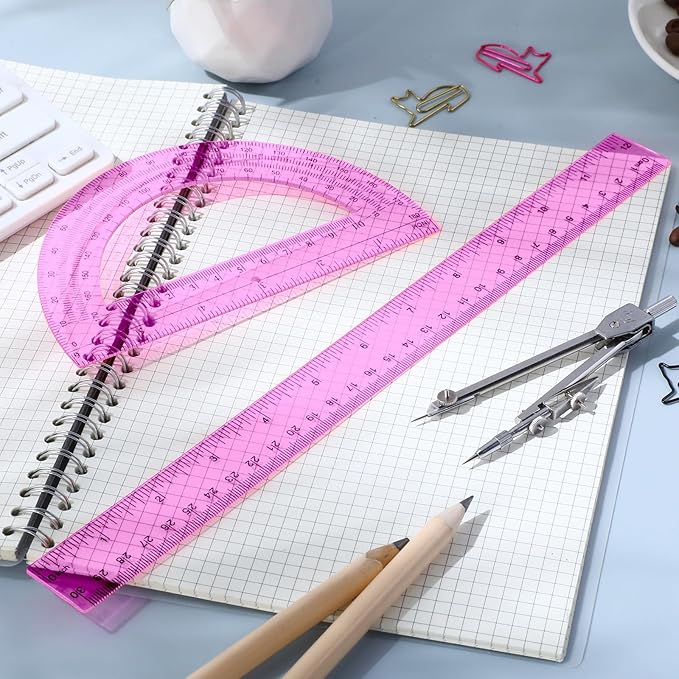 Zonon 3 Pcs Plastic Ruler 6 Inch Protractor Drawing Compass Set, Student Geometry Math Transparent Measuring Tools for Home School Classroom Office Supplies(12 Inch,Pink)