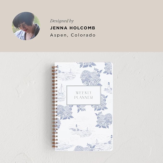 Minted Coastal Toile 2026 Weekly & Monthly Undated Planner, 5.5" x 8.5" Blue Nautical Spiral Bound Planner Notebook, 132 Pages, Undated Monthly & Weekly Layouts for Home or Office