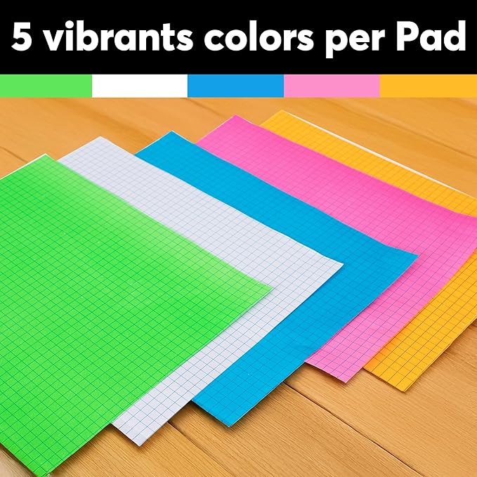 Graph Paper Pad 8.5 x 11 Inch - 3 Pack, 50 Sheets Each (150 Sheets Total) 4x4 Quad Ruled/Grid Notebook, 75 GSM Paper, 5 Colored Pages, Perforated Sheets - for Students,School, Math & STEM (Neon)