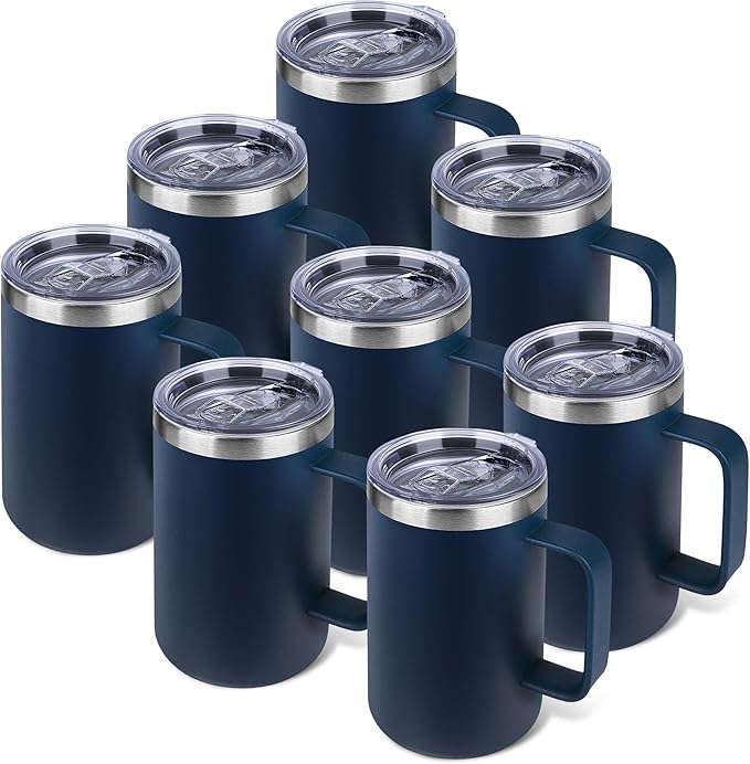 22oz Insulated Coffee Mug with Handle & Leak-Proof Lid - Double Wall Stainless Steel Travel Tumbler Bulk for Commute/Office/Home, Navy Blue, 8 Pack
