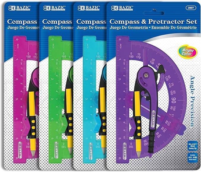 BAZIC PRODUCTS Geometry Set with Pencil Compass – Scale Ruler, HB Wood Pencil, Compass and Protractor Set for Students and Professionals, Ideal Use for Art and Drafting Tools, 24-Packs