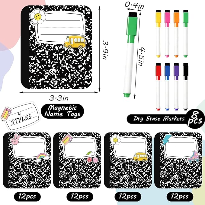 JarThenaAMCS 48Pcs Composition Notebook Magnetic Name Tags Reusable Dry Erase Label Writable Back to School Name Plate Magnet with Markers for Classroom Whiteboard Locker