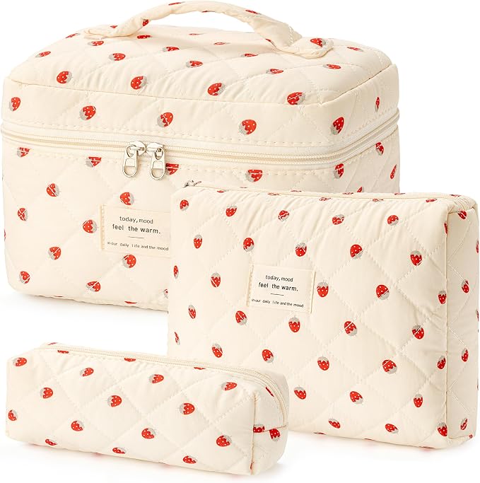 HBselect Quilted Makeup Bag, 3Pcs Cotton Large Travel Makeup Bags Organizer | Cute Floral Make up Bag Cosmetic Bag Toiletry Bag for Women Girls, Makeup Pouch for Skincare, Brushes & Travel Essentials
