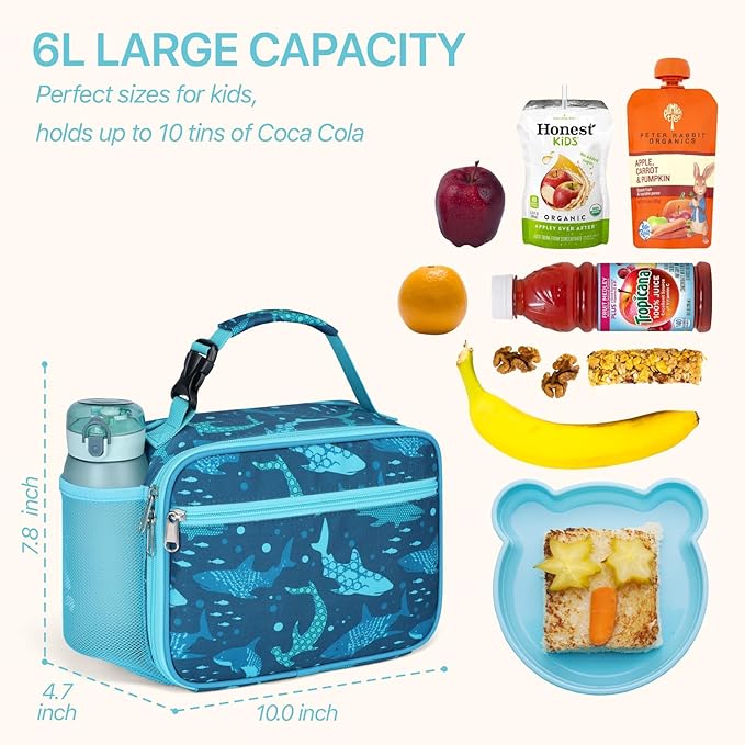 Bagseri Kids Lunch Bag Boys - Thermal Insulated Lunch Box Tote with Water Bottle Holder, Reusable Leak-Proof Kids Lunch Box for Daycare & School, Blue Shark (Containers Not Included)