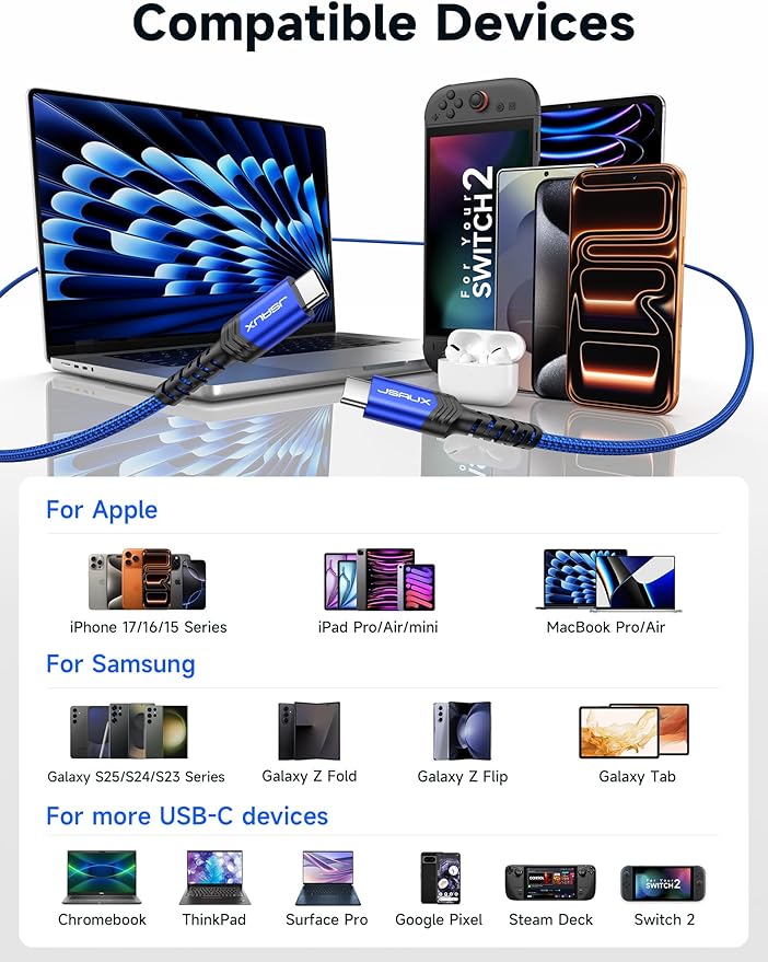 JSAUX 100W USB C to USB C Cable for iPhone 17, USBC Type C Charge Cord 5A Fast Charging Compatible with iPhone 17 Air 16 15 Pro Max Samsung Galaxy S25 S24 MacBook iPad Pro Carplay (2-Pack, 10ft) Blue