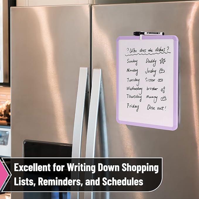Mr. Pen- Dry Erase Board, 14” x 11” with a Black Dry Erase Marker, Purple Frame, Small Mini White Board for Students, Fridge, Wall, Locker, Includes Double Sided Tapes