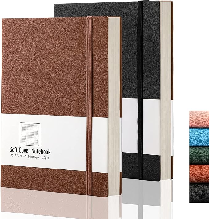 AHGXG Dotted Grid Journal 2 Pack - A5 Dot Grid Notebook Softcover, Medium 5.75'' × 8.38'', 320 Numbered Pages, 120gsm Thick Dotted Paper, Soft Leather Cover, Black Brown