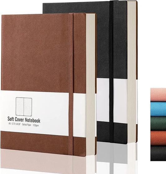 AHGXG Dotted Grid Journal 2 Pack - A5 Dot Grid Notebook Softcover, Medium 5.75'' × 8.38'', 320 Numbered Pages, 120gsm Thick Dotted Paper, Soft Leather Cover, Black Brown