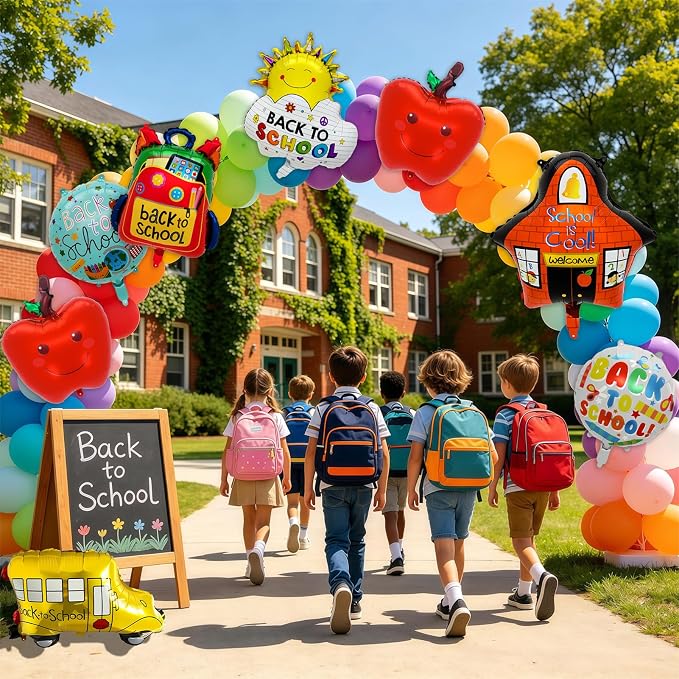 8PCS Back to School Balloons Set, School Bus, Apple, Backpack, School, Sun Foil Balloons, 18 Inch Round Back to School Balloons for Classroom Decorations, First Day of School Party Supplies