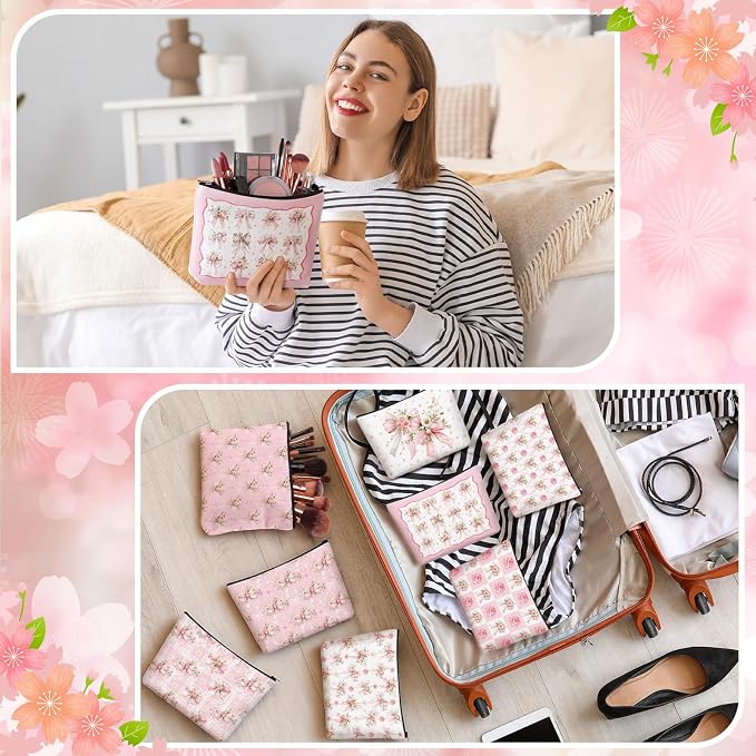 Reginary 12 Pcs Pink Bow Floral Makeup Bags Coquette Bow Cosmetic Bags with Zippers Coquette Party Favors Pink Aesthetic Elegant Pouch Bulk Gifts for Women Stuff Birthday Supplies Travel Accessory