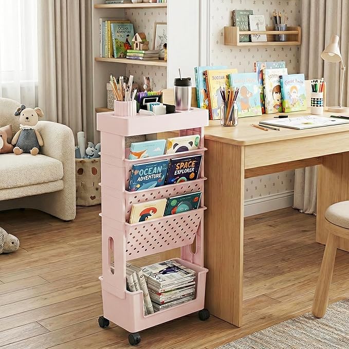 5-Tier Mobile Bookshelf, Rolling Bookcase Book Storage Rack, Movable File Folder Organizer Cart with Wheels for Home Study Office Living Room Classroom, Light Pink